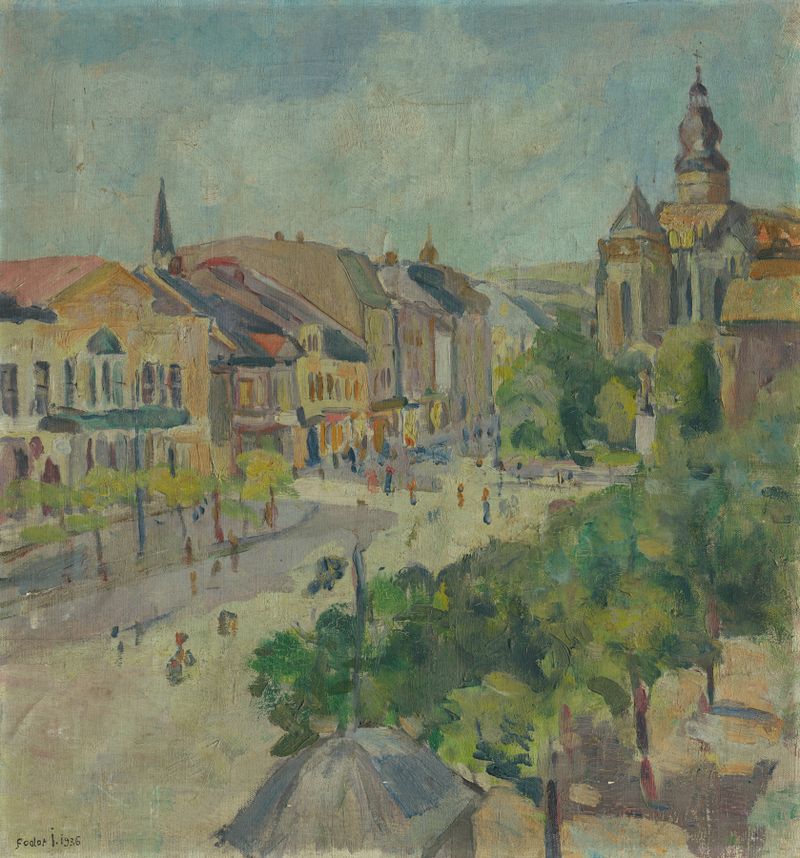 Námestie pred Dómom v Košiciach by Štefan Fodor, oil on canvas depicting a vibrant square.