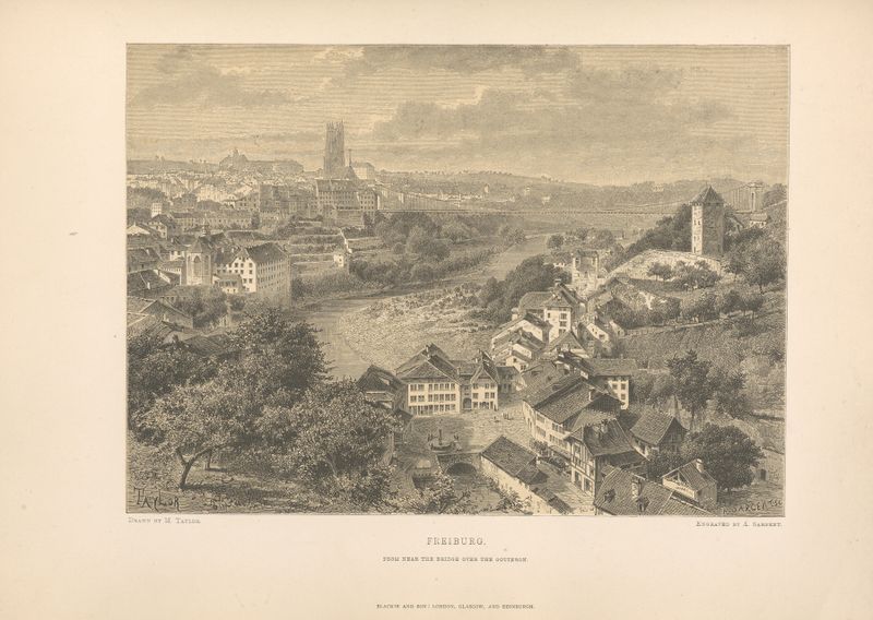 M. Taylor – Freiburg de Theodor Gsell Fels, óleo sobre tela retratando uma paisagem serena.