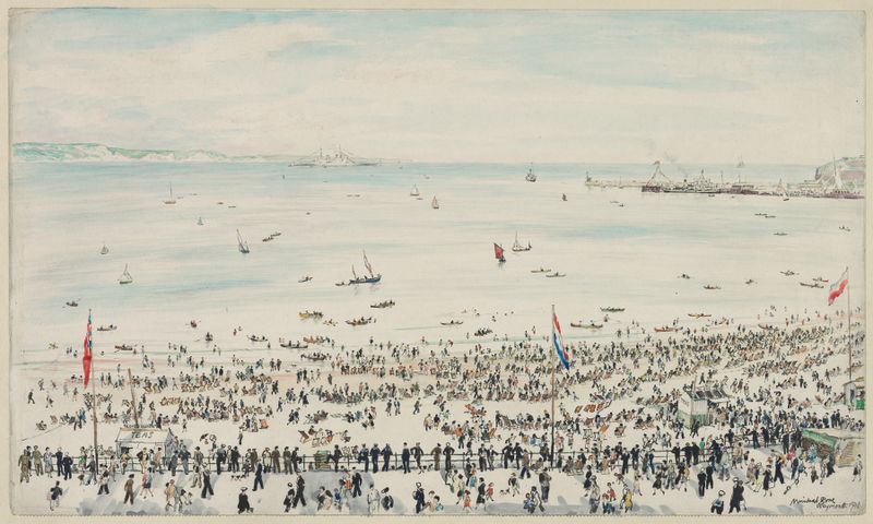Weymouth Bay, Victory Day Celebrations etching by Muirhead Bone depicting a beach scene with a crowd.