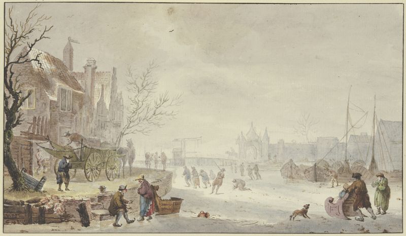 Winter landscape with skaters on a frozen river by J. H. Van Loon