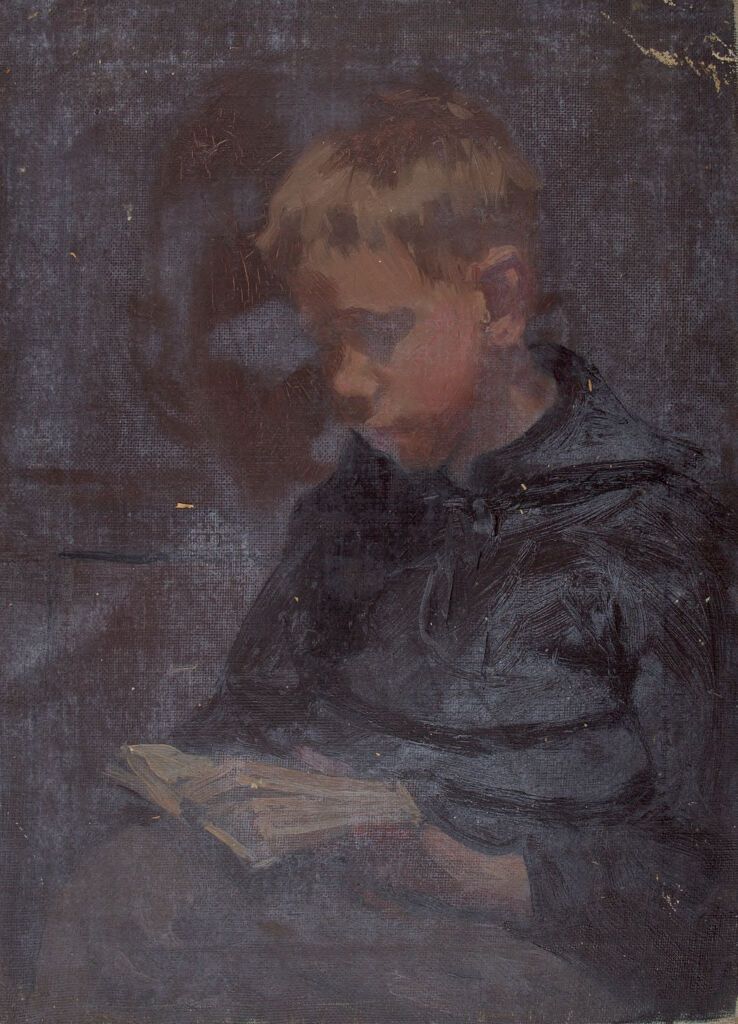 Retrato de un niño con un libro en el regazo, pintura al óleo de Denman Waldo Ross