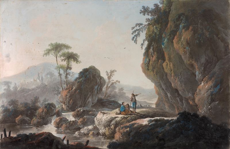 Pintura rococó de Jean Pillement retratando uma cachoeira e uma paisagem exuberante