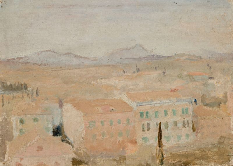 Paisaje impresionista de Jan Ciągliński, que muestra una vista del mar desde un balcón.
