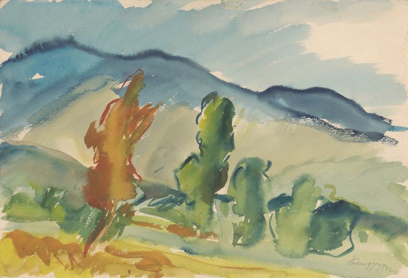 Paisaje bajo las Montañas, óleo sobre lienzo de Zolo Palugyay, con campos y montañas.