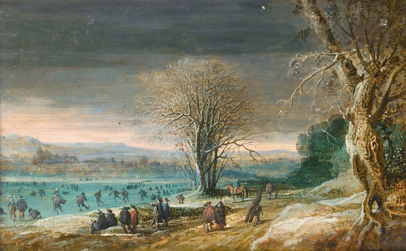 Paisaje invernal al óleo sobre panel de Denys van Alsloot con nieve y tonos azul helado.