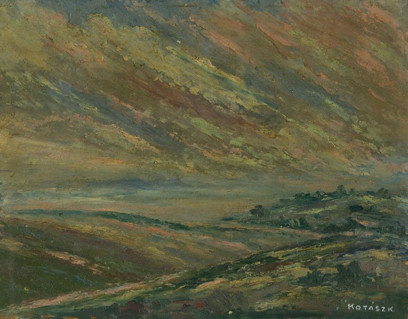 Post-Impressionism landscape by Károly Kotász, depicting rolling hills and light.