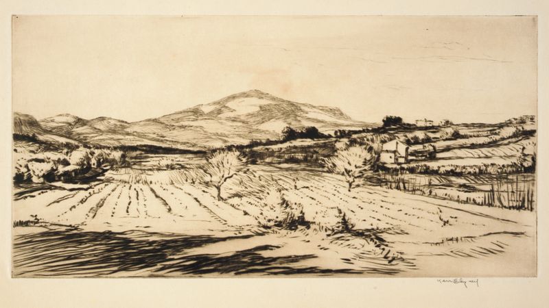 St. Cyr Landscape de Kerr Eby, grabado que representa un paisaje sereno con luz solar y tonos terrosos.