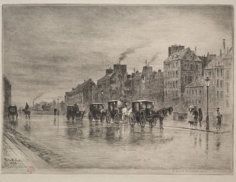 A Winter Morning on the Quai de l’Hôtel-Dieu, etching by Félix Hilaire Buhot, depicting a winter landscape.