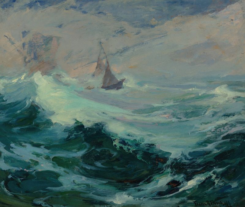 Pintura al óleo de Franz Bischoff que muestra olas turbulentas en un mar tormentoso.