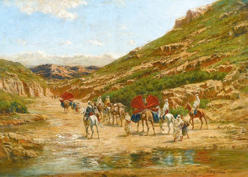 Caravane Dans Le Desert oil painting by Victor Huguet depicting travelers in a vast desert.