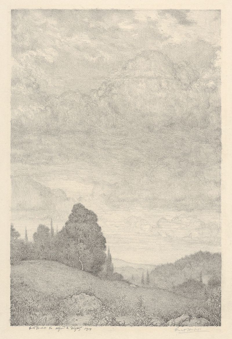 Paisagem de Ernest Haskell, aquarela sobre papel retratando colinas e um céu suave