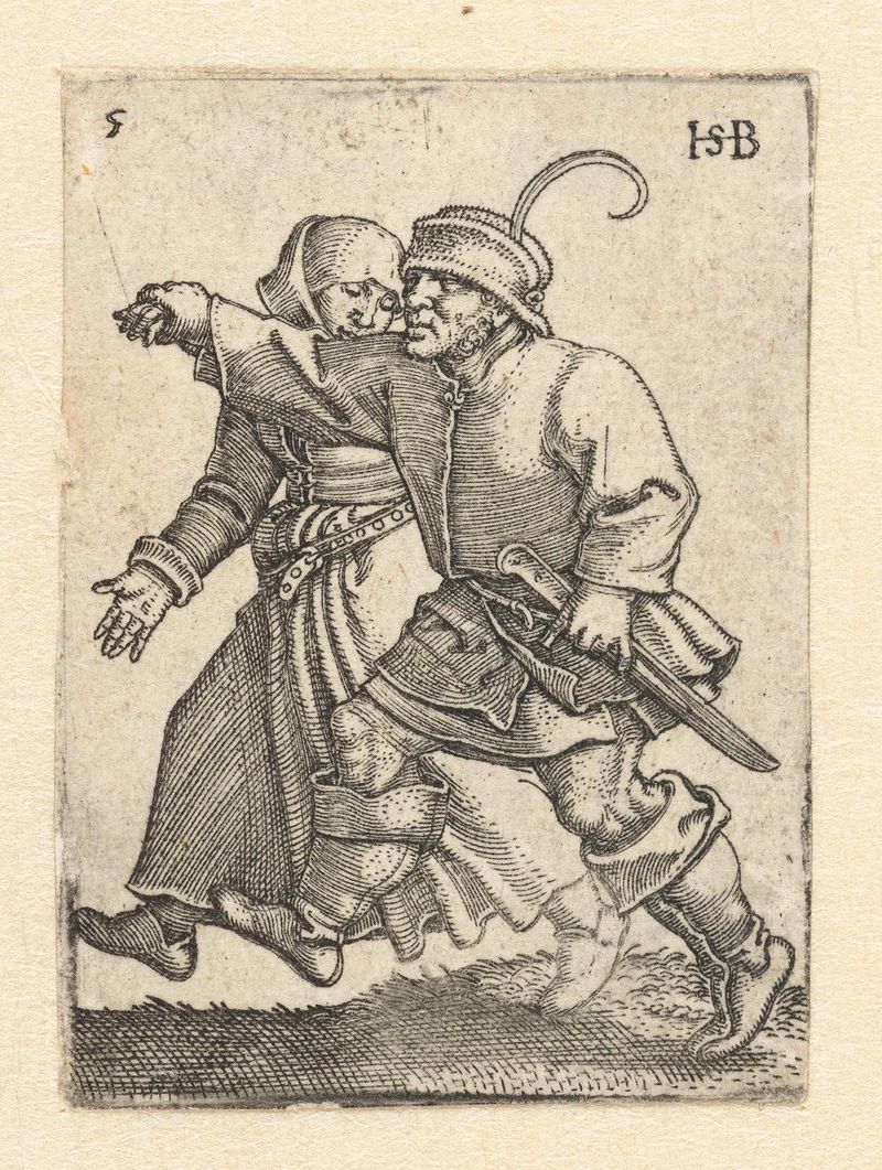 Dansend boerenpaar gravura de Hans Sebald Beham mostrando um casal dançando em trajes rurais.