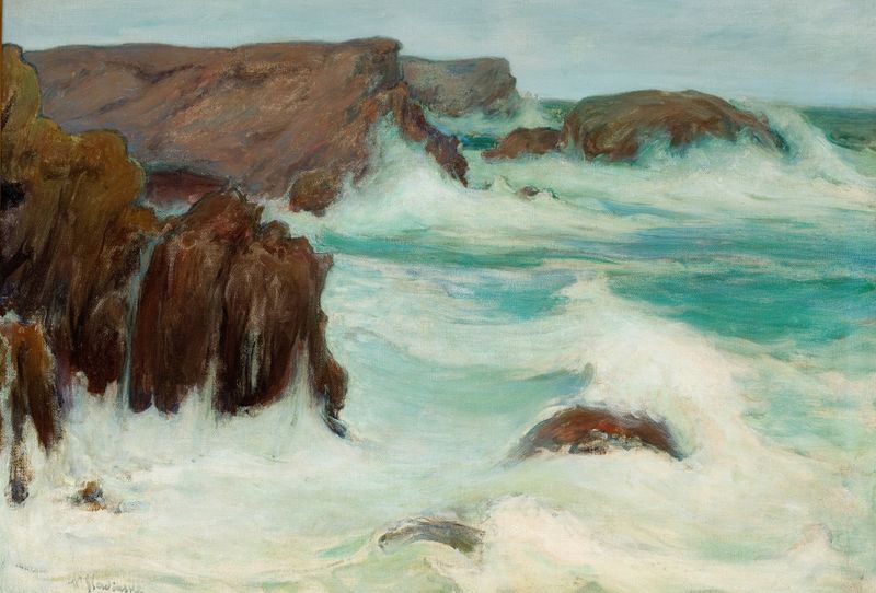 The Sea in Brittany by Władysław Ślewiński, oil on canvas depicting tumultuous waves and rocky shoreline