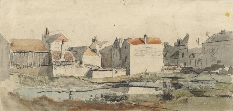 Landscape oil painting by Carel Jacobus Behr depicting a city under construction at dawn.