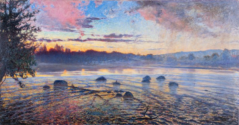 Evening at Motala River de Axel Fahlcrantz, óleo sobre tela representando um rio ao crepúsculo