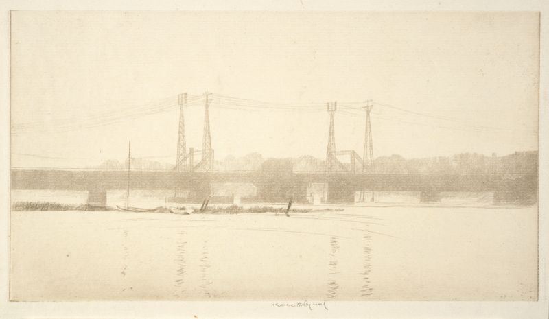 El Puente del Ferrocarril de Kerr Eby, modernismo, representando un puente de acero en un paisaje sereno