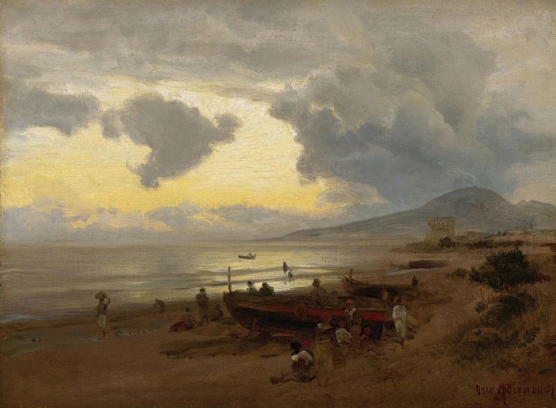Pintura a óleo de Oswald Achenbach retratando um pôr do sol sobre o mar.