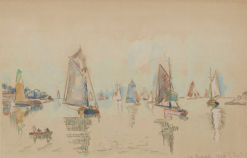 La Rochelle by Paul Signac, oil on canvas depicting a harbor with boats and reflections