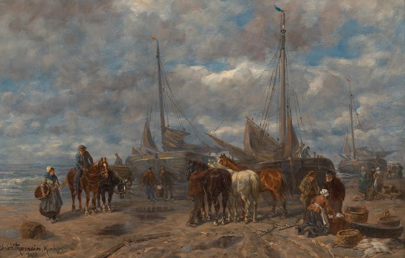 Marine scene with fishermen on the beach, oil painting by Désiré Thomassin