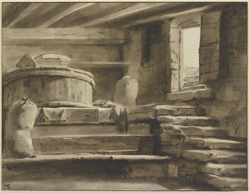 Interior de un molino con vigas de madera y luz suave de Jean-Jacques de Boissieu