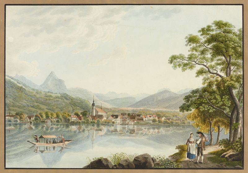 Vue de la Ville d’Arth, óleo sobre tela de David Alois Schmid, retratando uma paisagem urbana serena.