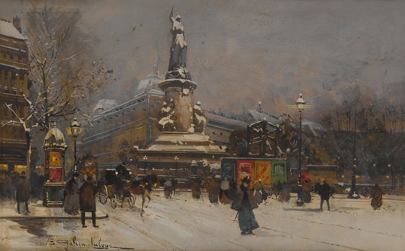 Place de la République by Eugène Galien-Laloue, oil on canvas depicting a lively Parisian square.