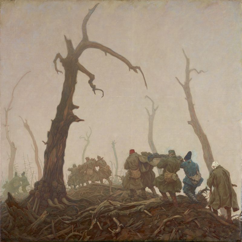 Cena histórica mostrando homens feridos durante o transporte, pintura a óleo de Wilhelm Dachauer
