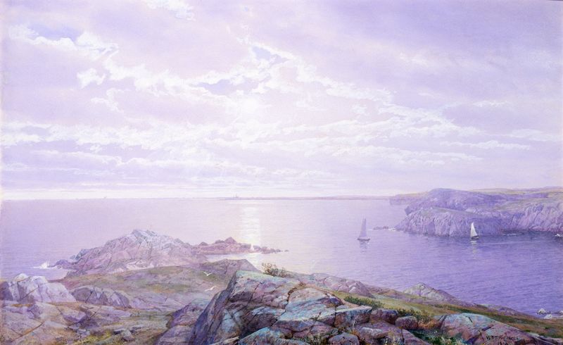 Rocky Cove de William Trost Richards, pintura a óleo que retrata águas calmas e uma enseada rochosa.