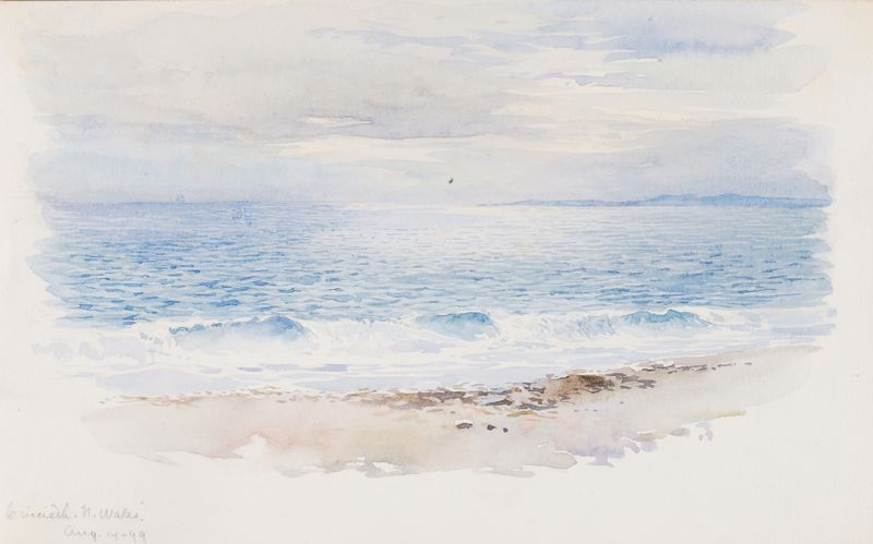Criccieth, N. Wales oil painting by George Elbert Burr showing gentle waves and a tranquil landscape.