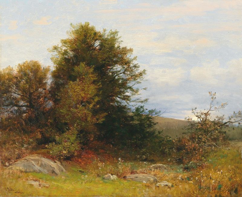 Meadow Embankment with the Moon Rising by Ludwig Willroider, oil on canvas depicting a tranquil landscape at twilight.