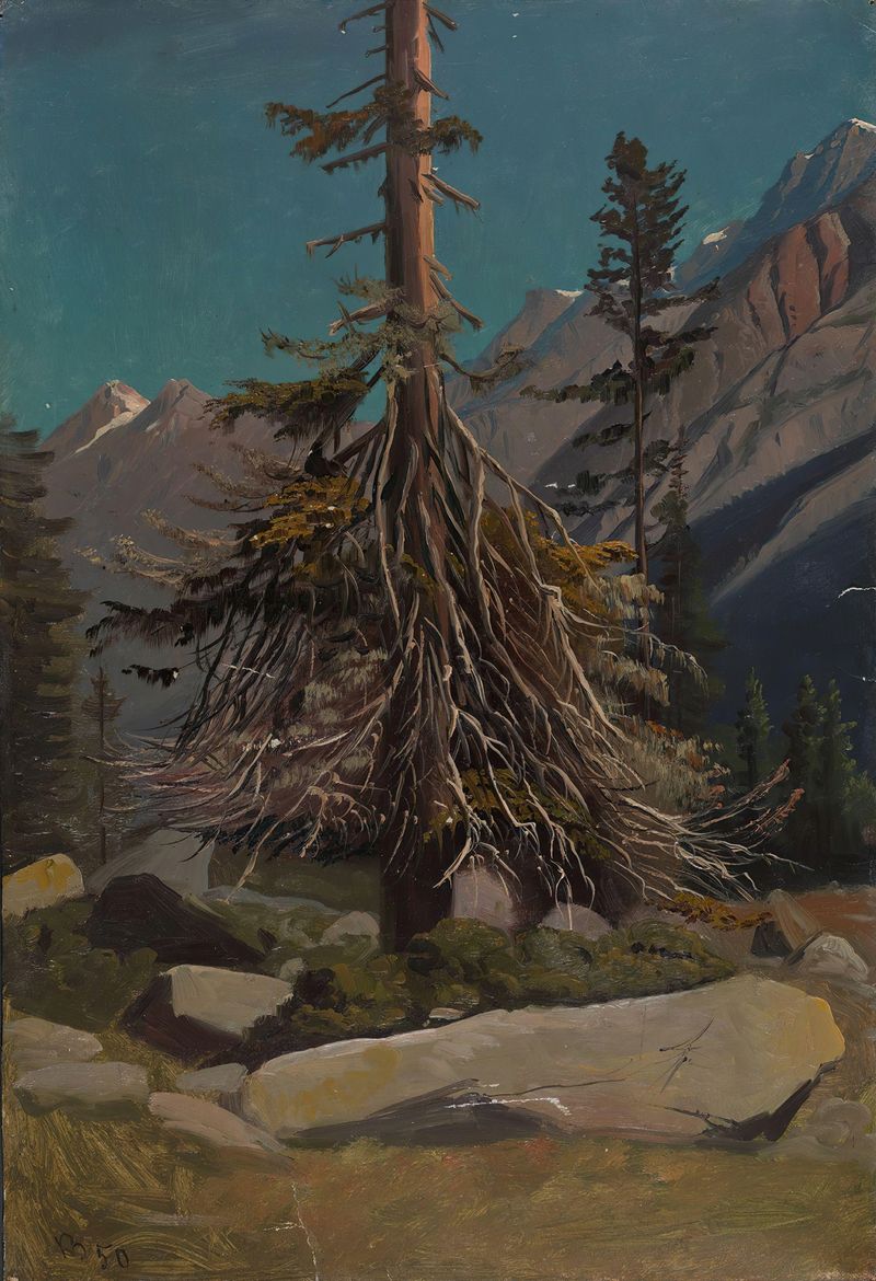 Estudio de Árboles en los Alpes de Knud Baade, óleo sobre lienzo que muestra árboles y montañas