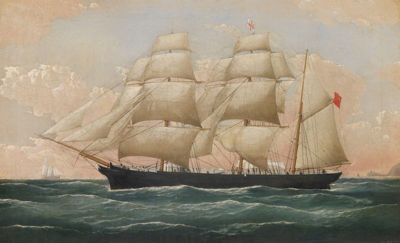 Pintura a óleo do navio Mary Evans perto de penhascos de Frederick J. Tudgay