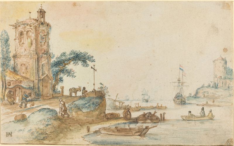 Scene with a tower and figures ice skating, oil on panel by Hendrick Avercamp