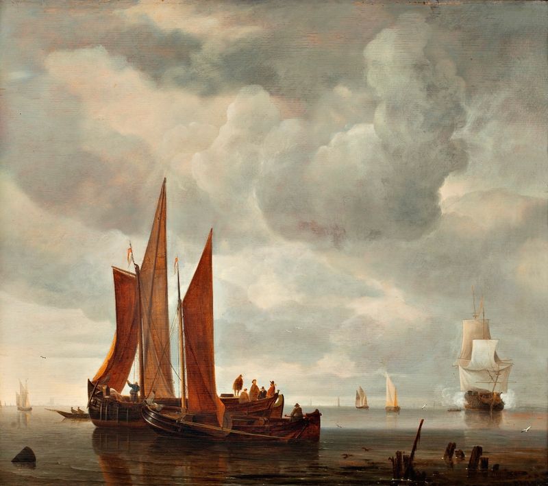 Marine scene with distant ships and water by Hendrick Jacobsz. Dubbels, oil painting