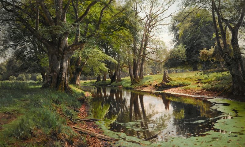 A Woodland Stream on a Summer Day de Peder Mørk Mønsted, pintura al óleo que muestra un tranquilo arroyo en el bosque.