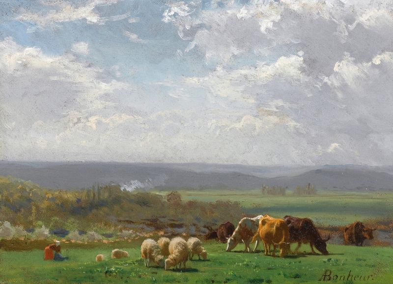 Paisaje de colinas en Paturage En Auvergne de Auguste Bonheur, óleo sobre lienzo