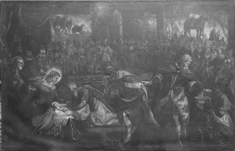Adoración de los Magos, óleo sobre lienzo de Jacopo Tintoretto mostrando a tres sabios con regalos