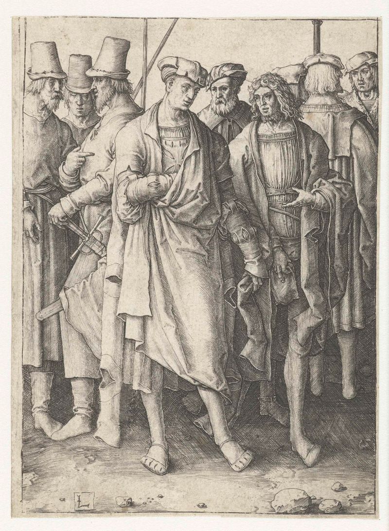 Gravura de Lucas van Leyden representando nove figuras em assembleia solene