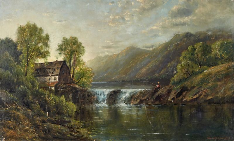 The Old Mill Stream by Edmund Darch Lewis, oil painting depicting a rustic mill beside a stream.