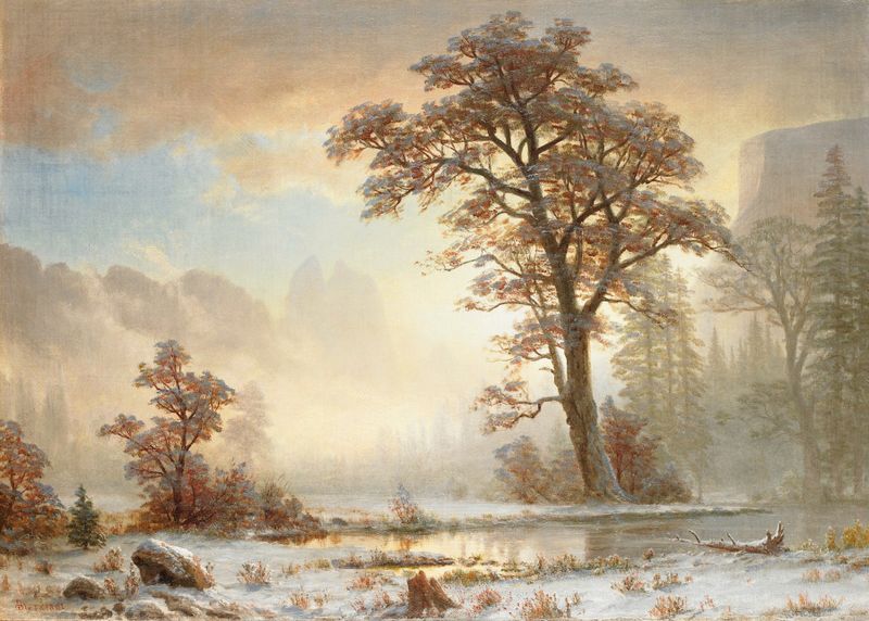 Valle de Yosemite-Primer Nieve del Año de Albert Bierstadt, pintura al óleo de un paisaje nevado.