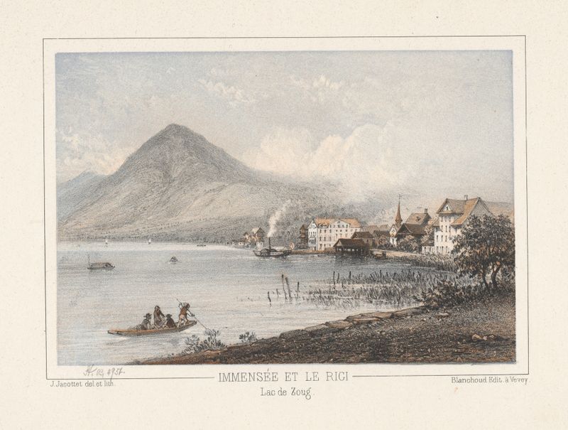 Paisagem de colinas e lago por Jean Jacottet, pintura a óleo