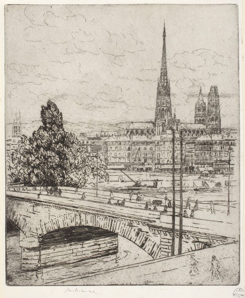 Pont Corneille in Rouen, oil on canvas by Józef Pankiewicz, depicting a river and bridge at dusk