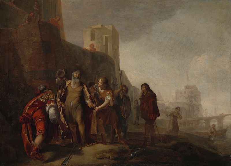 Historical scene of dignitaries bestowing royal insignia on a gardener, oil on panel by Nicolaes Knupfer