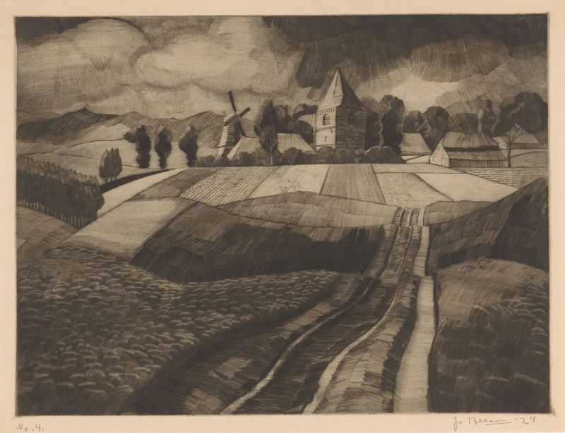 Landscape with village and windmill, oil painting by Jo Bezaan