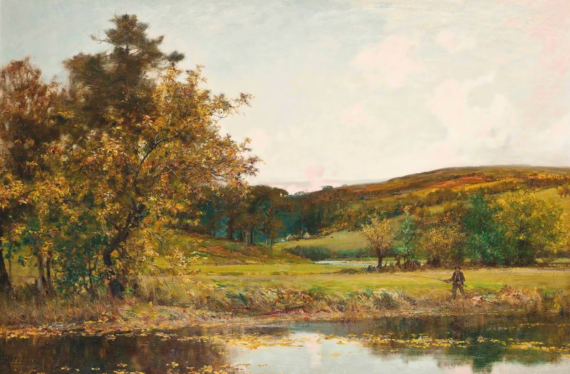 The Fly-Fisherman by Sir Alfred East, oil on canvas depicting a fisherman by a river.