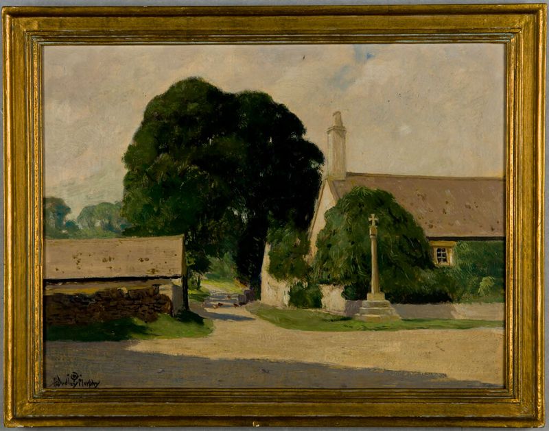 Butter and Eggs Cross de Hermann Dudley Murphy, óleo sobre tabla que muestra una cruz de madera en un paisaje sereno.