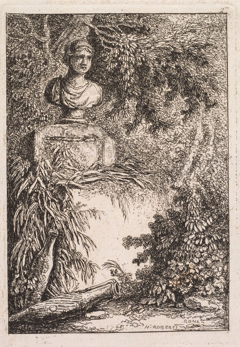 Óleo rococó sobre tela de Hubert Robert retratando um busto de mármore em luz suave.