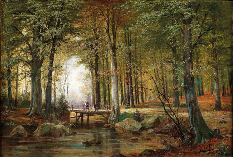 A wooded landscape with a creek and a bridge, oil painting by Jacobus Johannes van Poorten