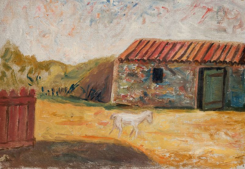 Paisagem rural com um potro branco, óleo sobre tela de Tadeusz Makowski