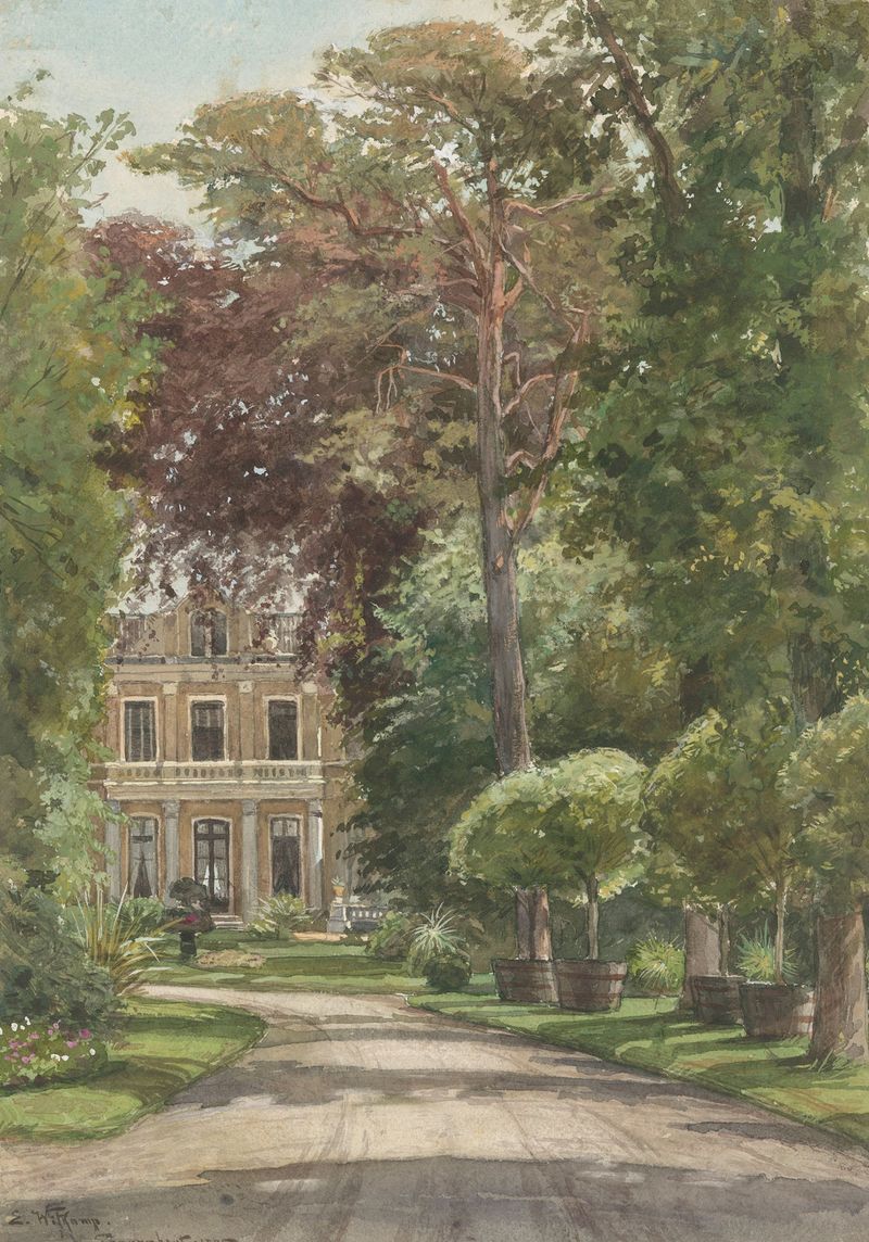 Pintura a óleo de paisagem por Ernst Witkamp, com luz solar e vegetação